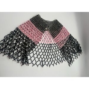 Beaded Party Wear Crochet Knit Net Poncho Cape Top Pink And Black Beads OS